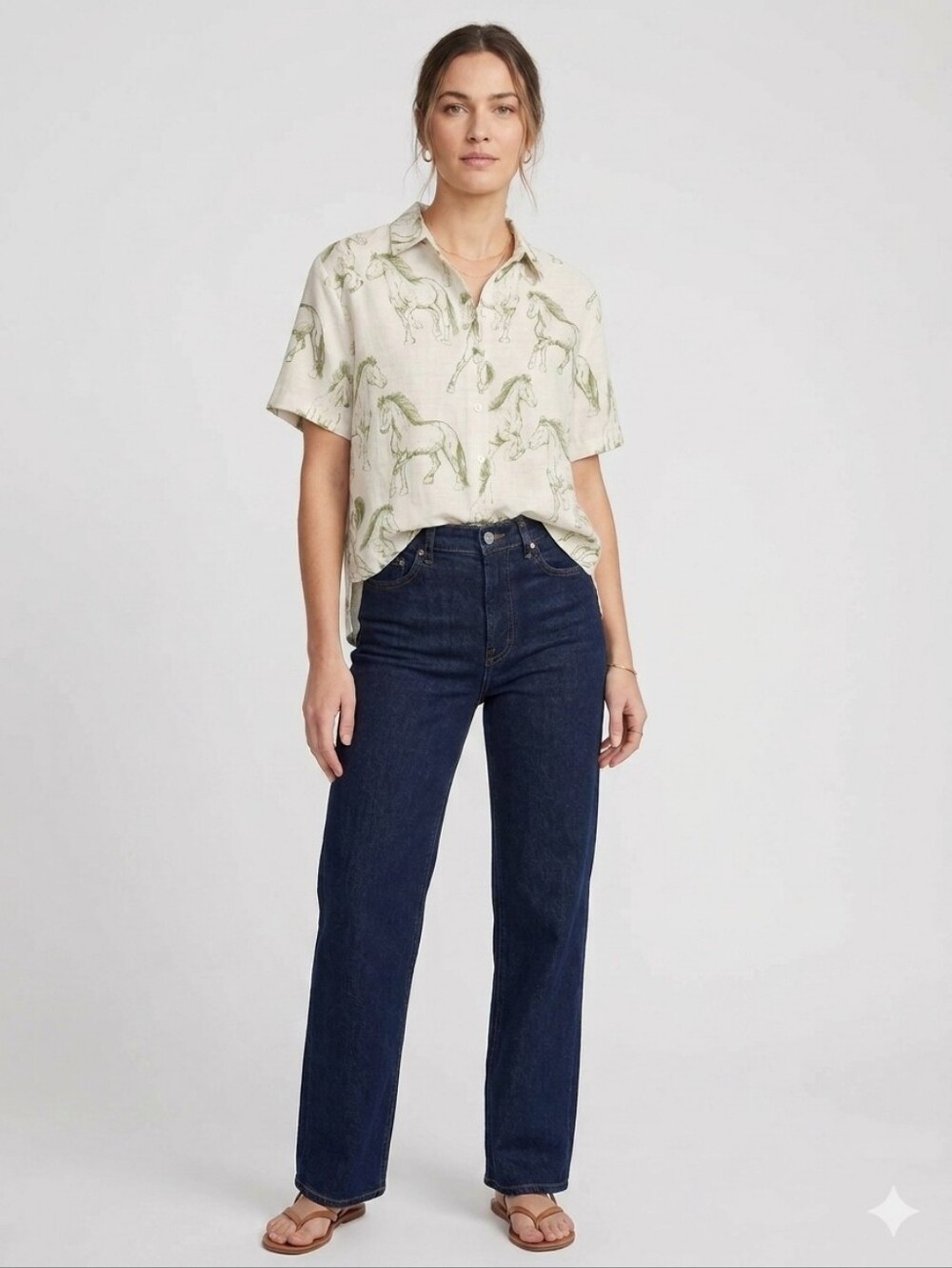 Jane + Delancey Linen Blend Green Horse Print Button Down Shirt Small Country